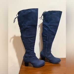 Royal Blue Women's Fashion Almond Toe Chunky Heel Boots By Kisses 24” Tall Sz 9